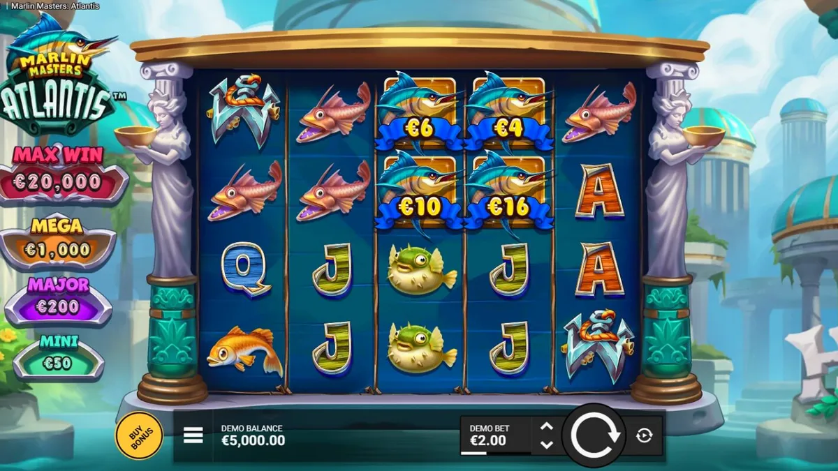 Interface do jogo mobile Marlin Masters Atlantis com elementos de mitologia grega e pesca.
