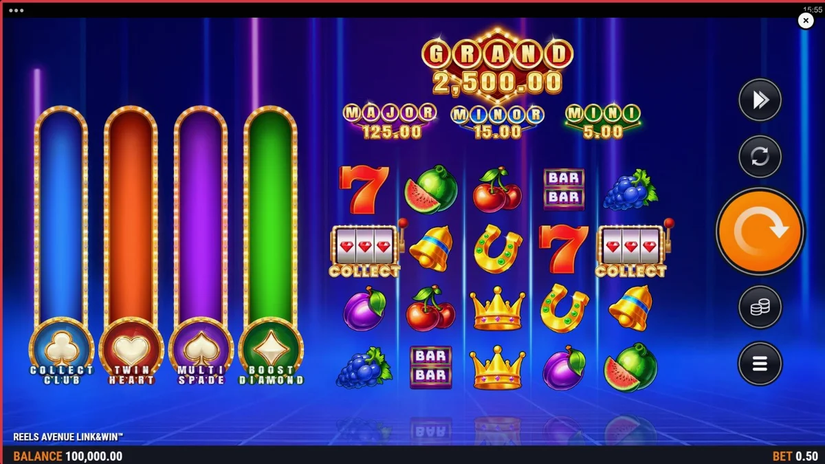 Interface futurista e neon do slot Reels Avenue Link&Win