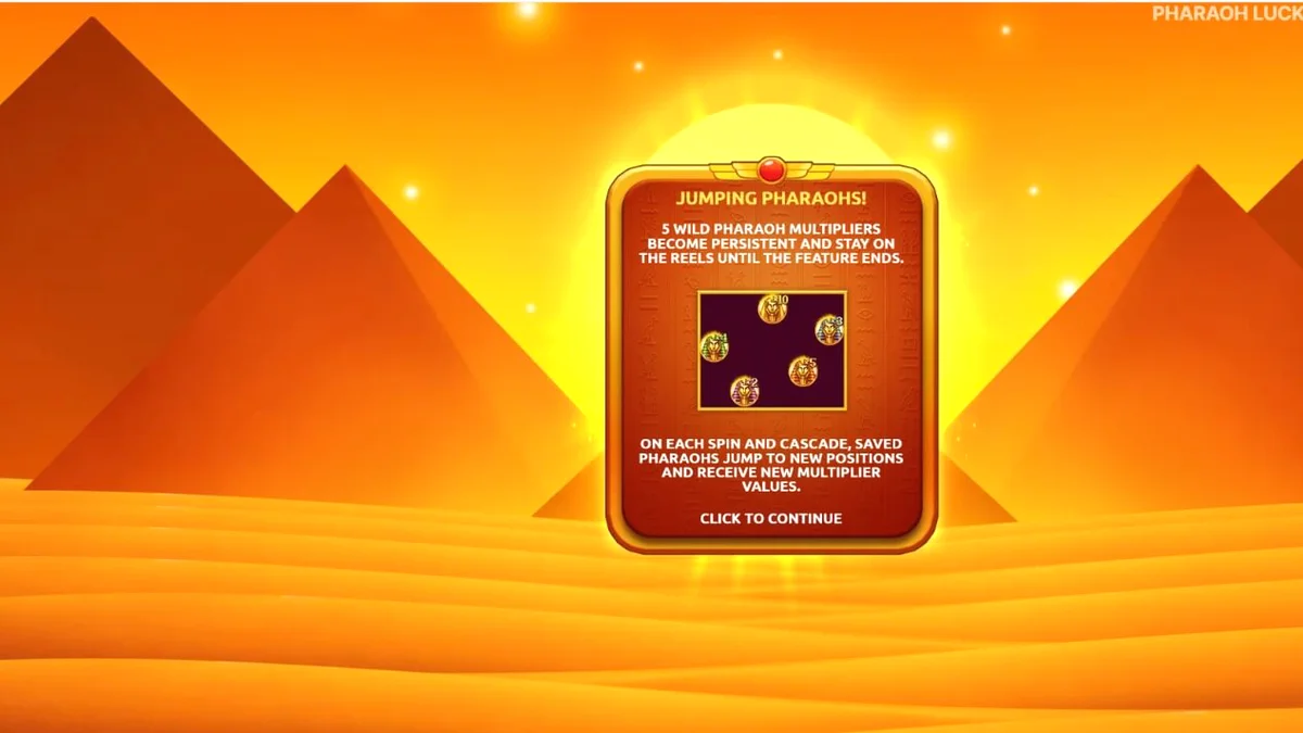 Interface do slot Pharaoh Luck com símbolos egípcios e pirâmides ao fundo